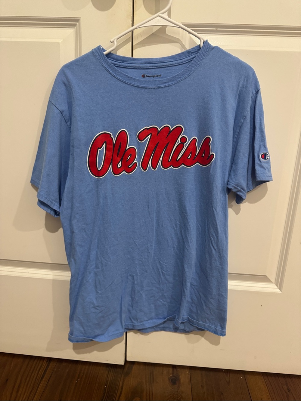 Champion Light Blue "Ole Miss" Short Sleeve Tee with Red Script